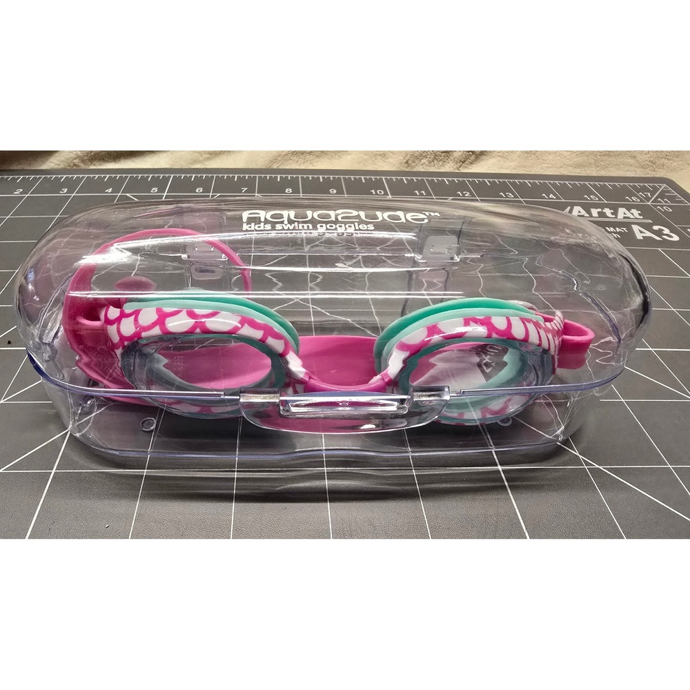 Aqua2ude Kids Swim Goggles Pink White Scale Pattern with Case BS 5883:1996